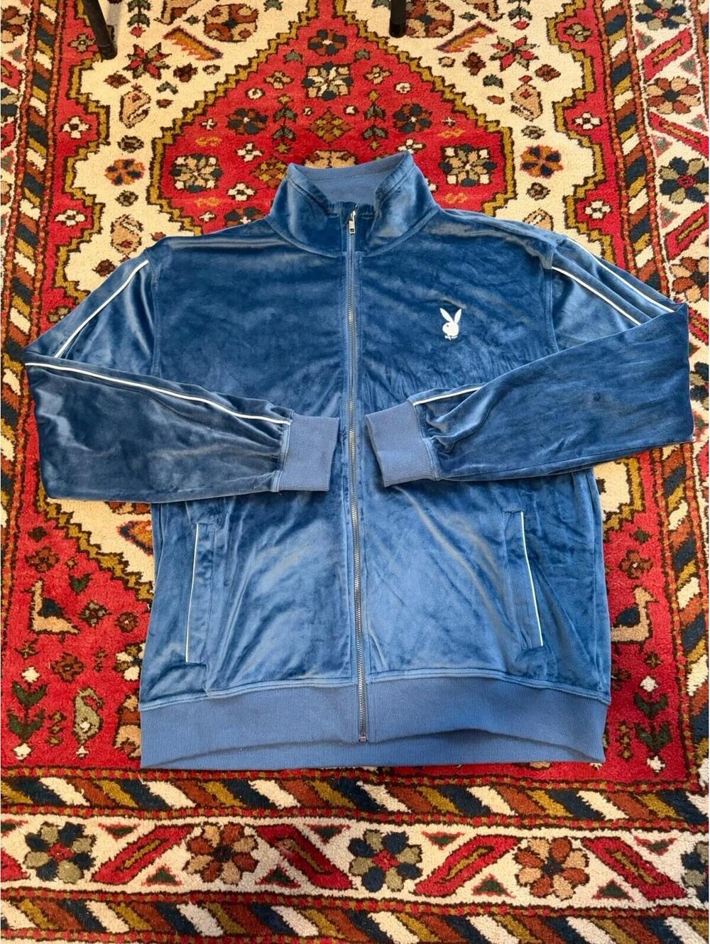 Playboy Men's Blue Velour Track Jacket Full Zip Pockets L Stand-Up Collar